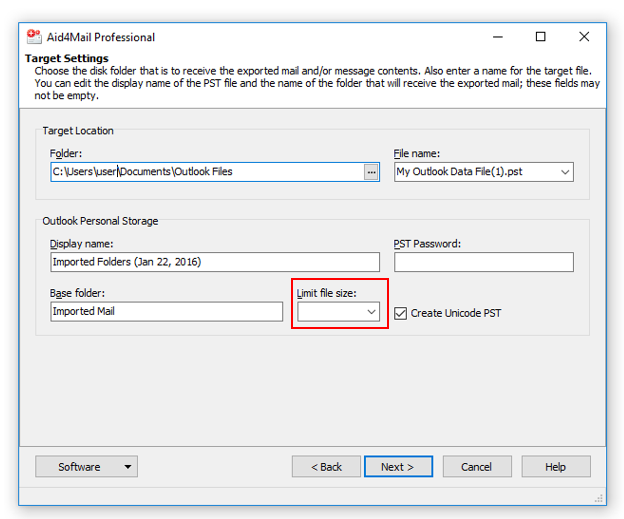 How to restrict PST file size in Aid4Mail